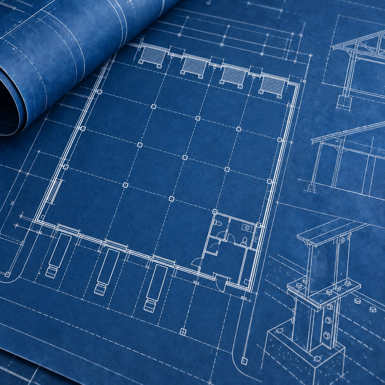 Illustrative commercial warehouse blueprints with loading docks and steel-framing details