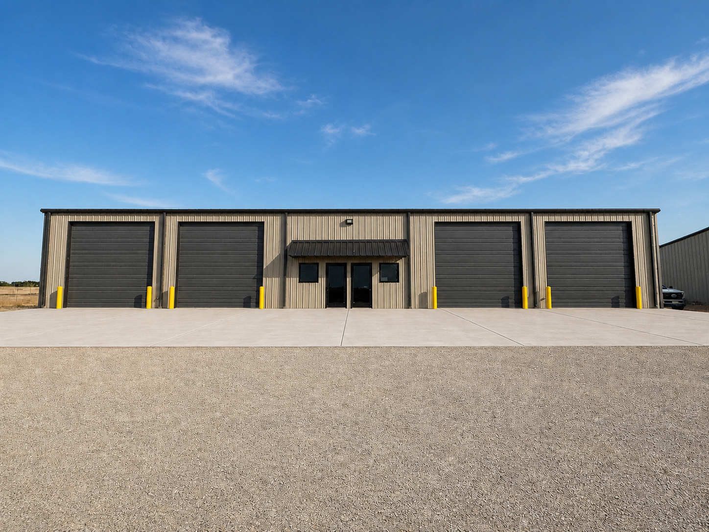 AI concept of a commercial flex-space building with multiple overhead doors