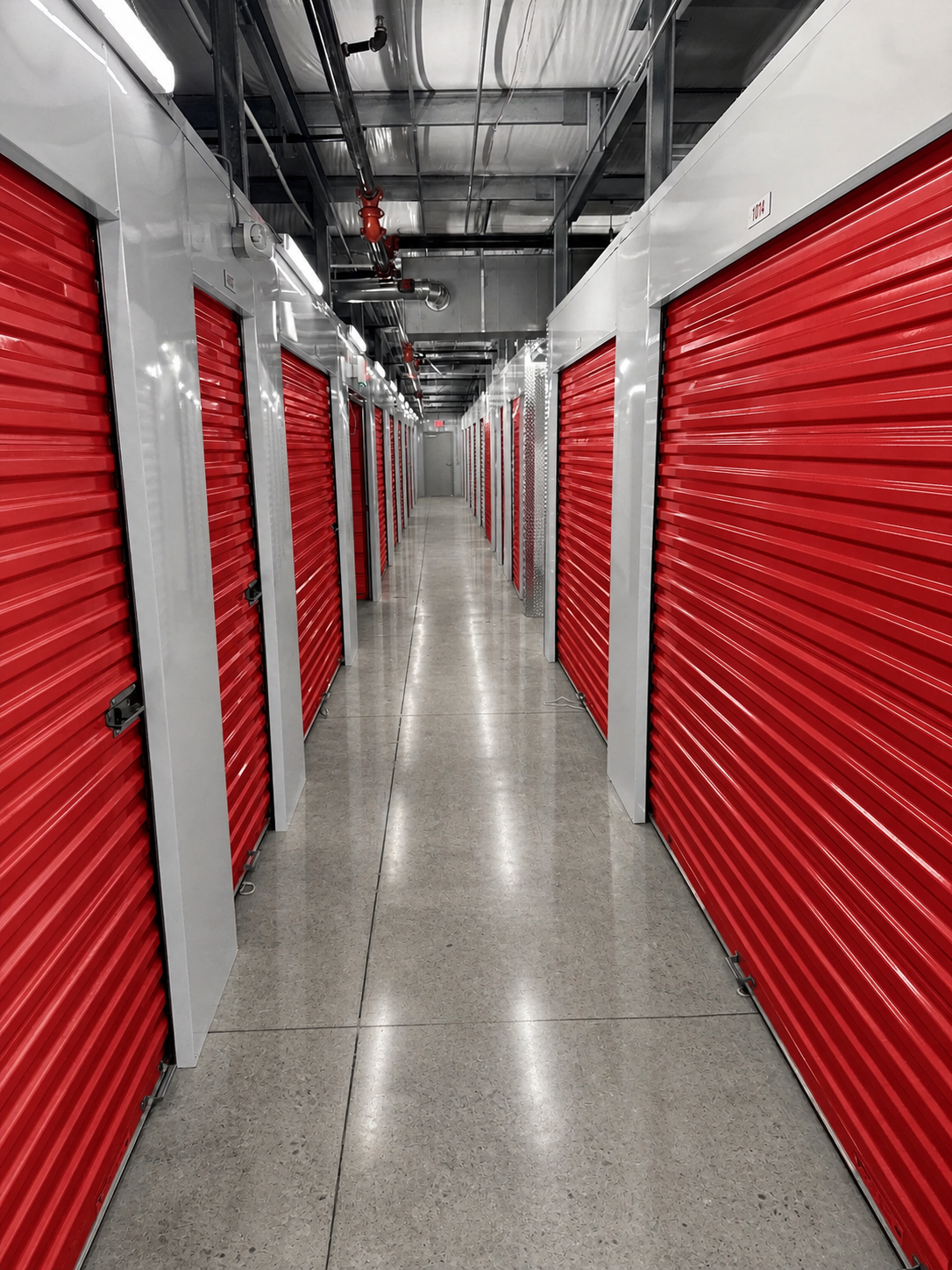 AI concept of a storage hallway with red roll-up doors and white paneling