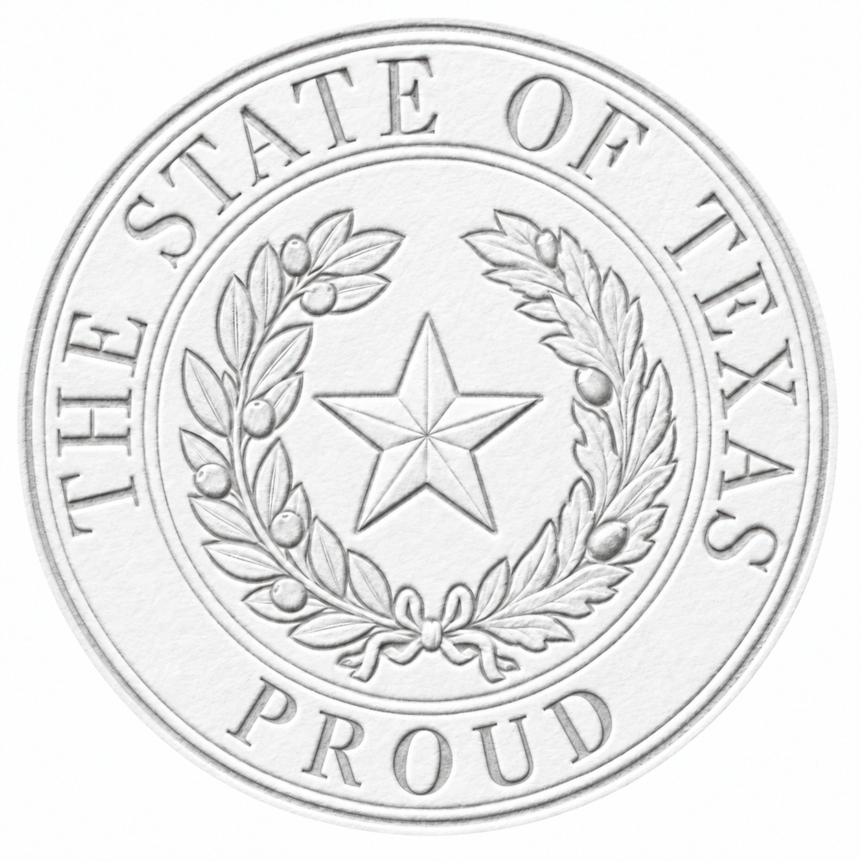 Embossed Texas seal with PROUD along the lower curve